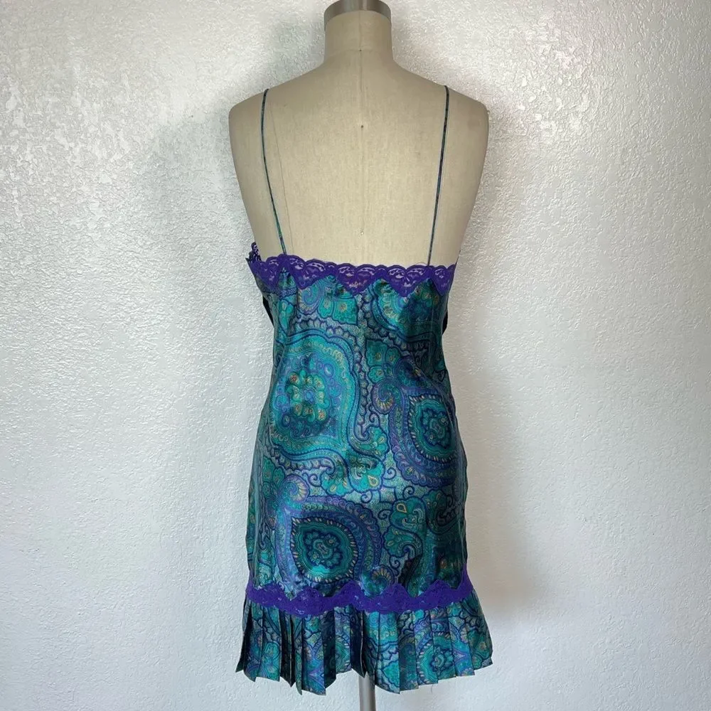 Vintage gold label VS Victorias Secret teal paisley lace Y2K mini slip dress S
